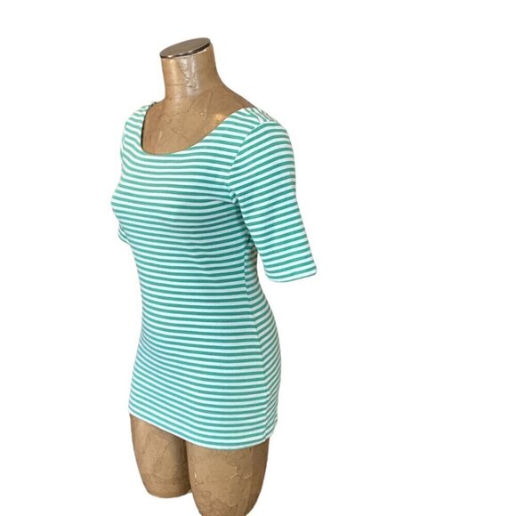 Banana Republic Green & White Striped Tee Top Half-Sleeve Boat Neck Sz M #113T - Picture 5 of 8